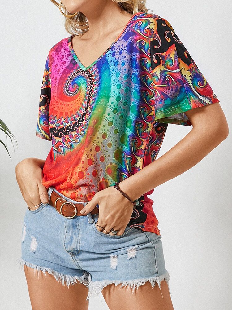 Camiseta Casual De Manga Corta Con Cuello En V Y Estampado Vintage Para Mujer