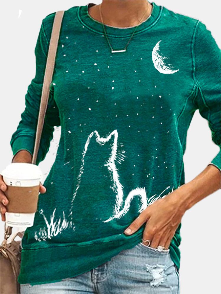 Camiseta Con Cuello Redondo Y Manga Larga Con Estampado De Luna Y Gato Para Mujer