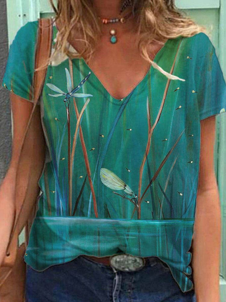 Camiseta De Manga Corta De Ocio Con Cuello En V Y Estampado De Plantas De Libélula Para Mujer