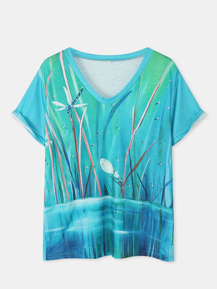 Camiseta De Manga Corta De Ocio Con Cuello En V Y Estampado De Plantas De Libélula Para Mujer