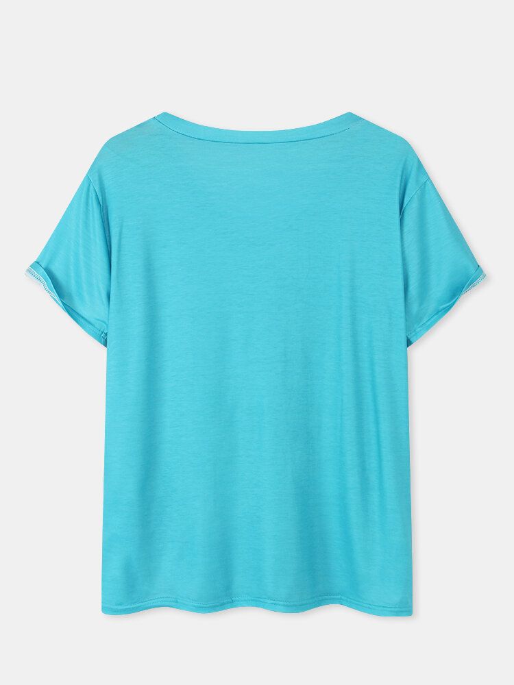 Camiseta De Manga Corta De Ocio Con Cuello En V Y Estampado De Plantas De Libélula Para Mujer