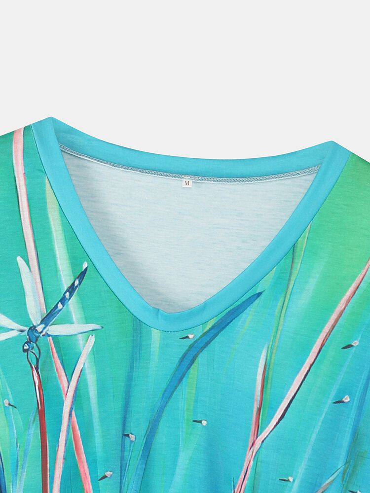 Camiseta De Manga Corta De Ocio Con Cuello En V Y Estampado De Plantas De Libélula Para Mujer