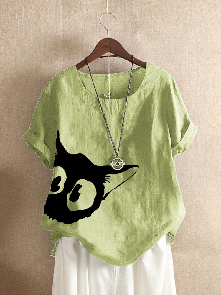 Camisetas Informales De Manga Corta Con Cuello Redondo Y Estampado De Gato De Dibujos Animados Para Mujer