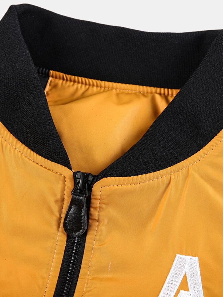 Chaqueta De Bombardero Con Cremallera Y Cuello De Béisbol Bordado Con Letras Para Hombre Con Bolsillo