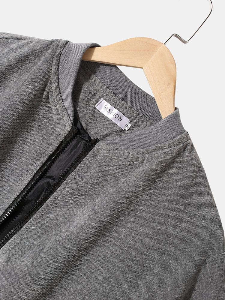 Chaqueta Cálida Con Cuello De Béisbol De Patchwork De Manga De Color Sólido Vintage Para Hombre