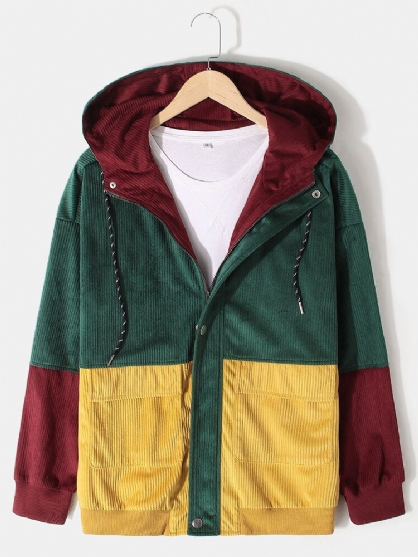 Chaqueta Con Capucha Y Costura De Pana Con Bloques De Color Vintage Para Hombre