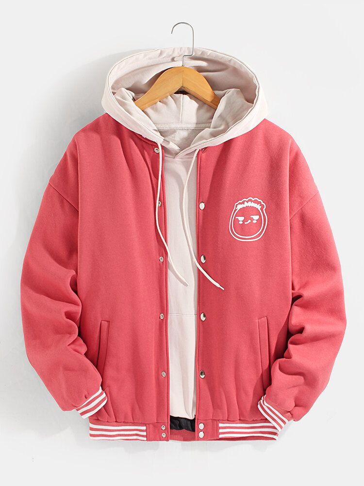 Chaqueta De Cuello De Béisbol Con Bolsillo De Manga Larga Con Estampado De Dibujos Animados Lindo Para Hombre