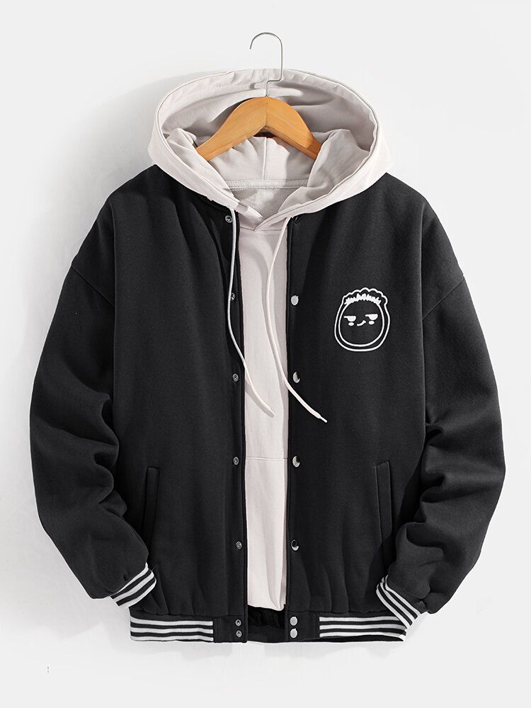 Chaqueta De Cuello De Béisbol Con Bolsillo De Manga Larga Con Estampado De Dibujos Animados Lindo Para Hombre