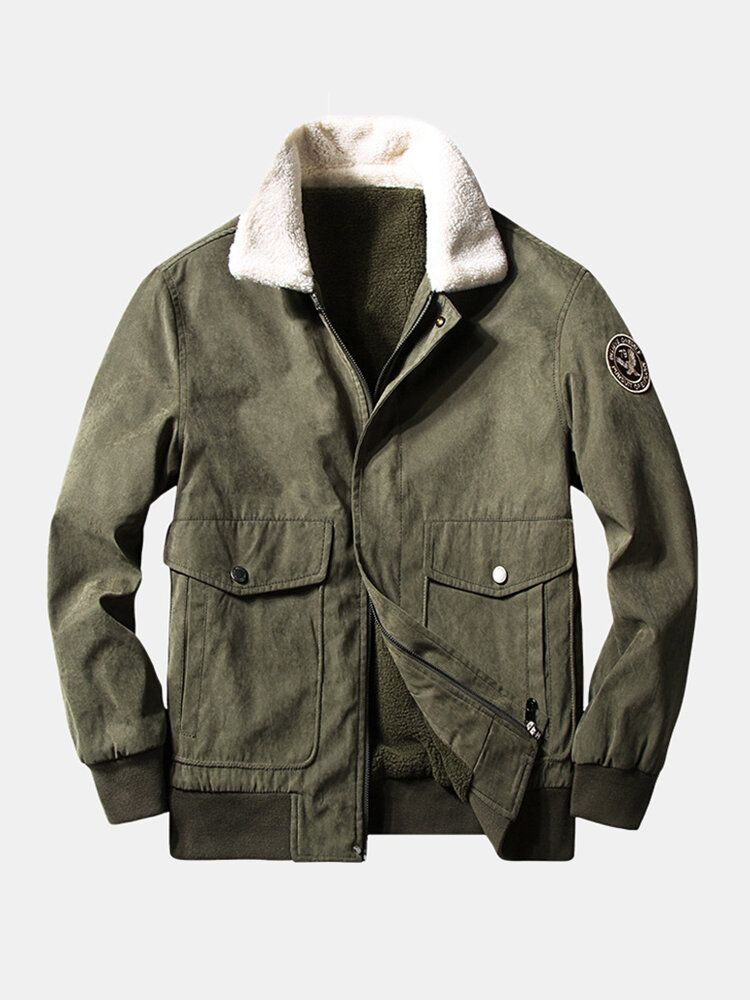 Chaqueta Vintage De Bolsillo Grande Con Forro Polar Cálido De Color Sólido Con Gráficos Para Hombre
