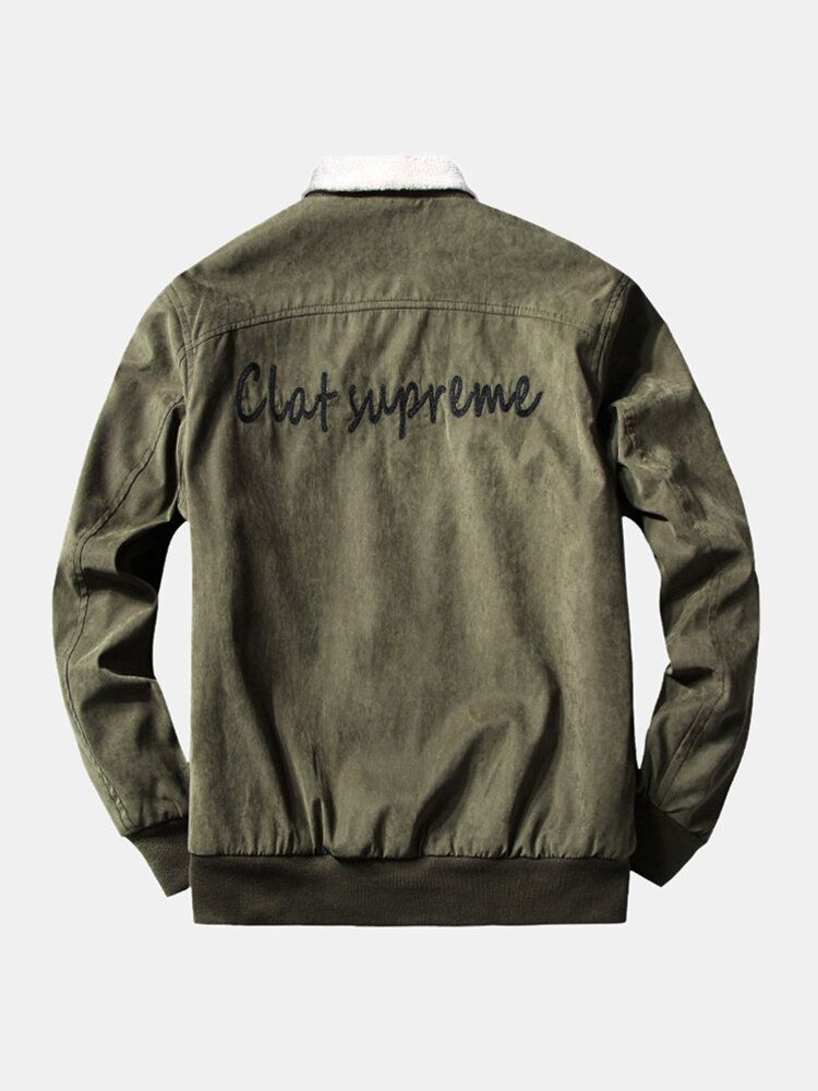 Chaqueta Vintage De Bolsillo Grande Con Forro Polar Cálido De Color Sólido Con Gráficos Para Hombre