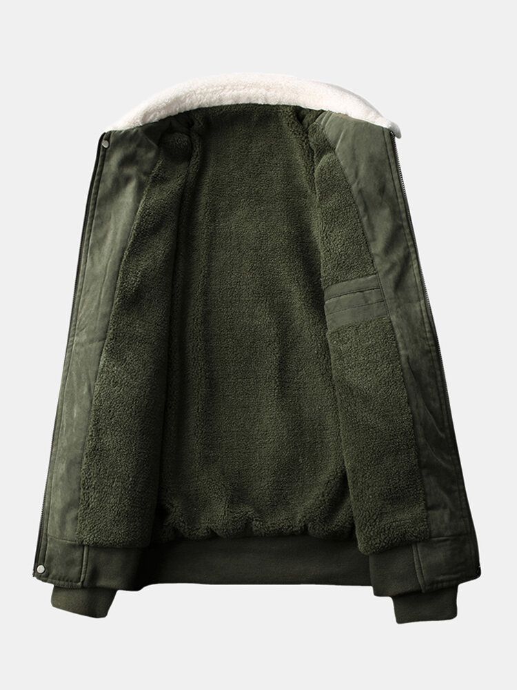 Chaqueta Vintage De Bolsillo Grande Con Forro Polar Cálido De Color Sólido Con Gráficos Para Hombre