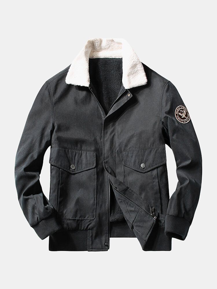 Chaqueta Vintage De Bolsillo Grande Con Forro Polar Cálido De Color Sólido Con Gráficos Para Hombre