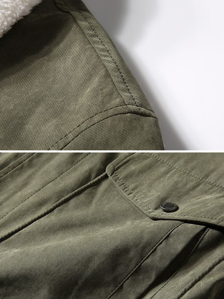 Chaqueta Vintage De Bolsillo Grande Con Forro Polar Cálido De Color Sólido Con Gráficos Para Hombre