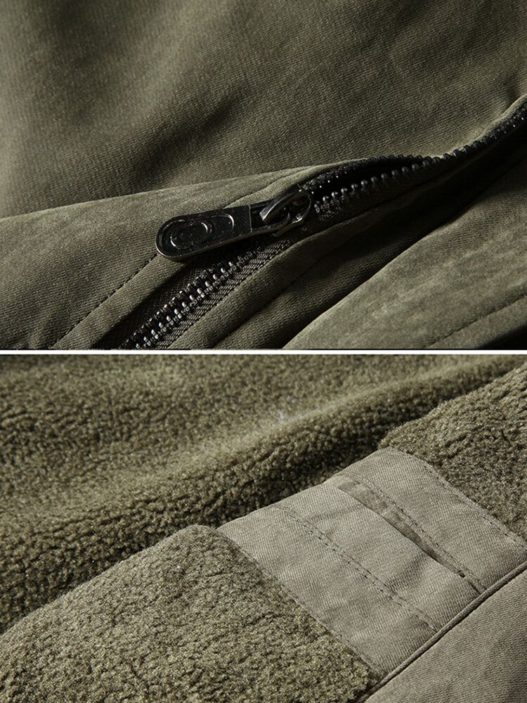 Chaqueta Vintage De Bolsillo Grande Con Forro Polar Cálido De Color Sólido Con Gráficos Para Hombre