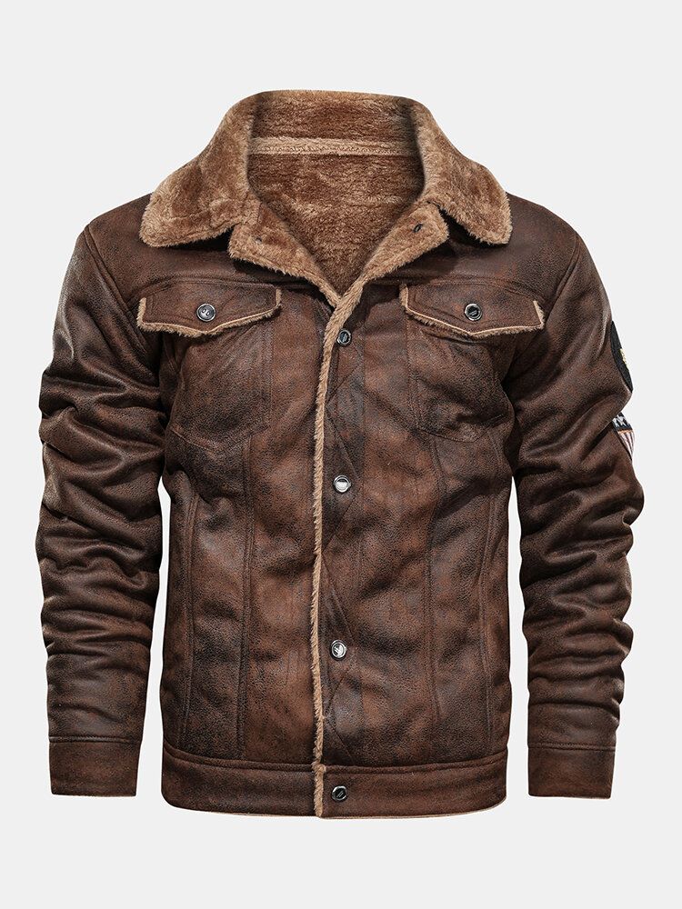 Chaquetas De Gamuza De Piel Sintética Para Hombre Con Forro Polar Cálido Con Logo Engrosado Con Bolsillos Con Solapa