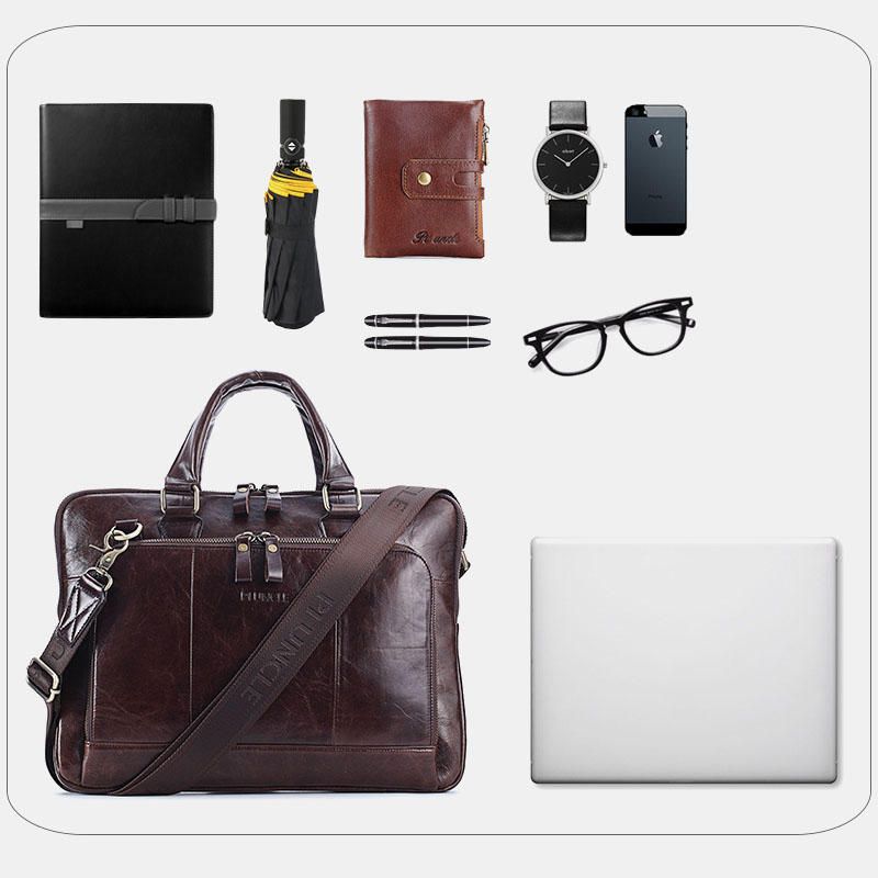 Bolso De Negocios De Gran Capacidad De Cuero Genuino Para Hombres Bolso De Negocios Computermesssenger De 14 Pulgadas
