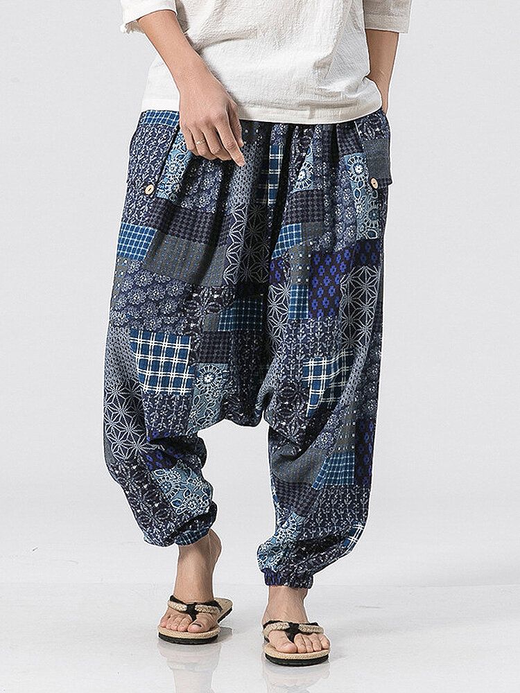 Pantalones 100% Algodón Con Entrepierna Caída Y Cintura Elástica Con Estampado Tribal Étnico
