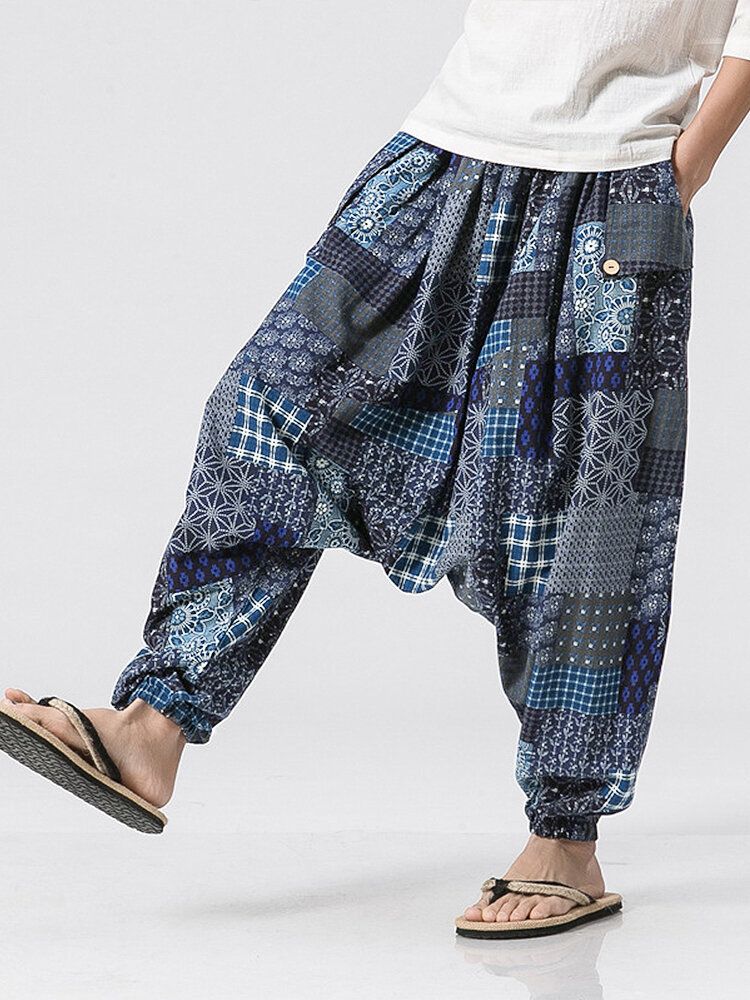 Pantalones 100% Algodón Con Entrepierna Caída Y Cintura Elástica Con Estampado Tribal Étnico