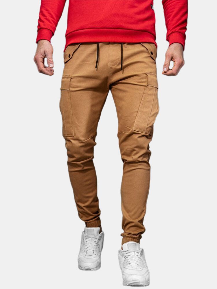 Pantalones Cargo De Bolsillo De Cintura Media Con Cordón De Color Sólido Para Hombre