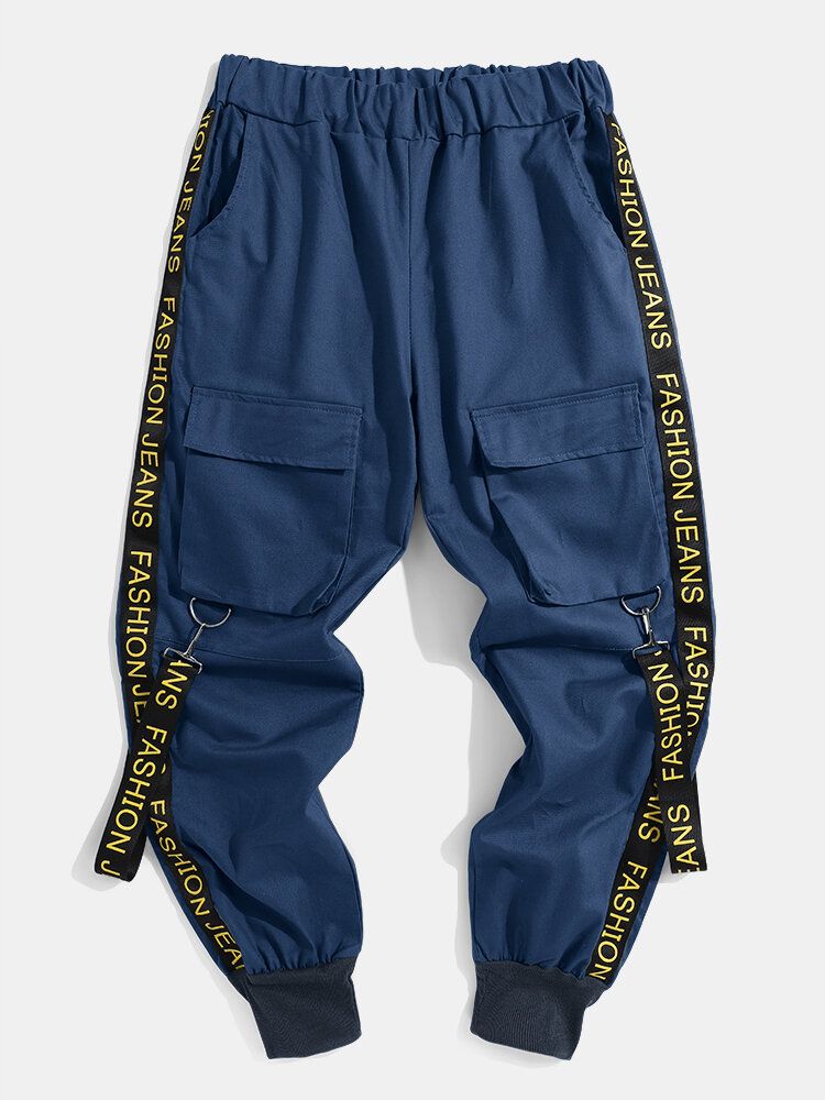 Pantalones De Pies Con Viga De Carga Con Cintura Elástica Con Cinta De Letras Para Hombre Con Bolsillo Con Solapa