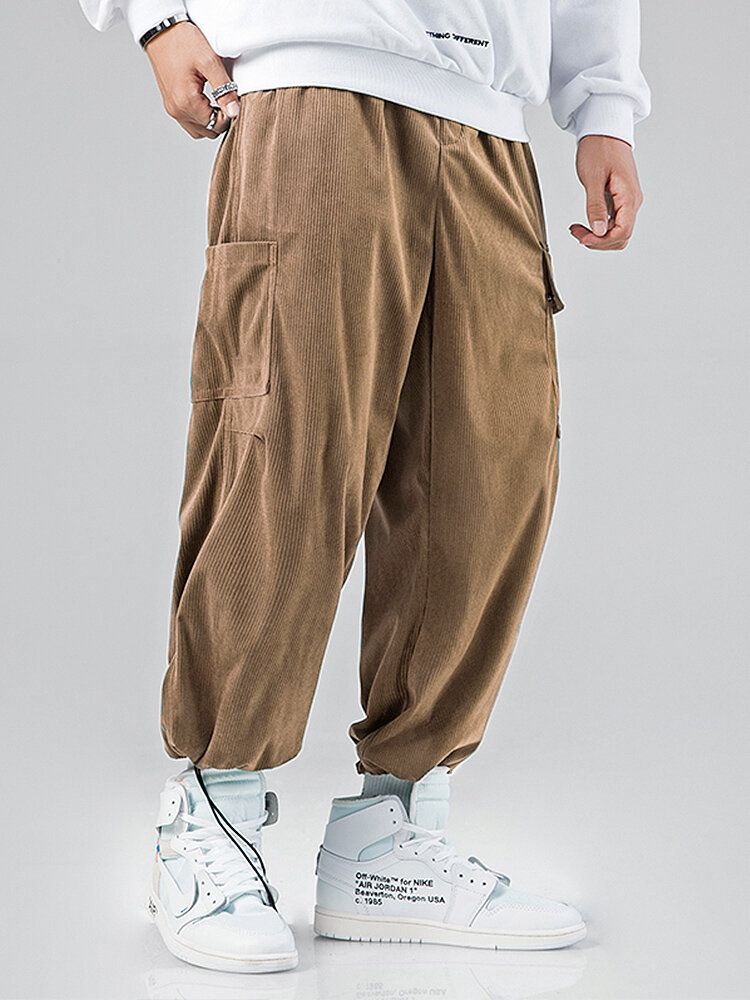 Pantalones Tipo Jogger Cargo De Pana De Color Sólido Con Múltiples Bolsillos Y Cordón De Cintura Elástica Para Hombre