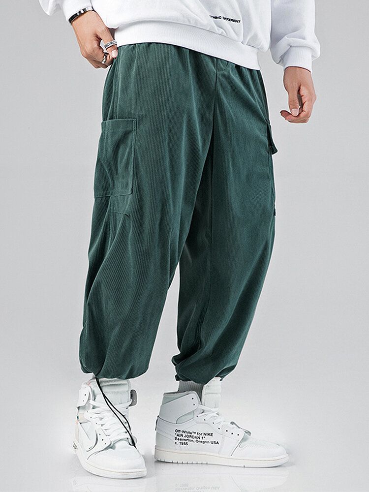 Pantalones Tipo Jogger Cargo De Pana De Color Sólido Con Múltiples Bolsillos Y Cordón De Cintura Elástica Para Hombre