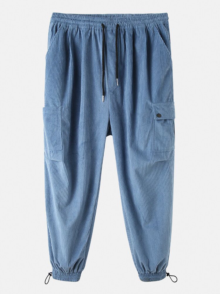 Pantalones Tipo Jogger Cargo De Pana De Color Sólido Con Múltiples Bolsillos Y Cordón De Cintura Elástica Para Hombre