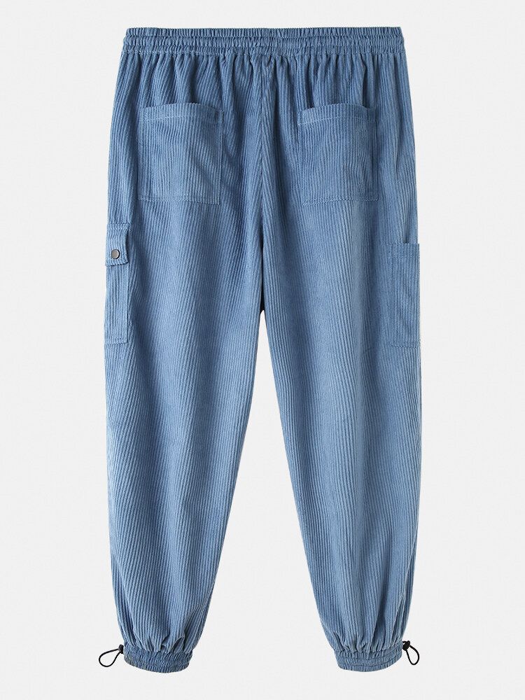 Pantalones Tipo Jogger Cargo De Pana De Color Sólido Con Múltiples Bolsillos Y Cordón De Cintura Elástica Para Hombre