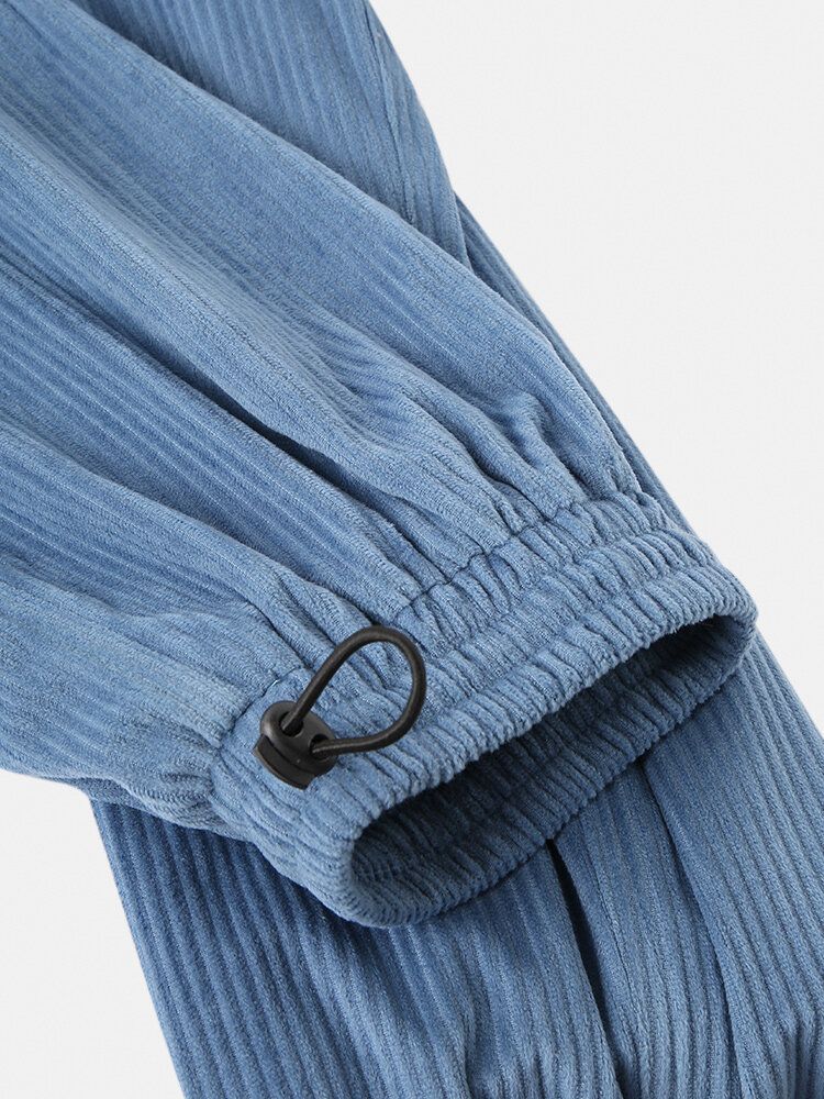 Pantalones Tipo Jogger Cargo De Pana De Color Sólido Con Múltiples Bolsillos Y Cordón De Cintura Elástica Para Hombre