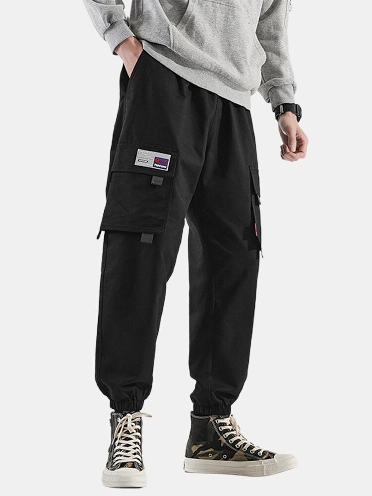 Pantalones Tipo Jogging Cargo Con Puños Y Cordón De Algodón Con Apliques De Color Sólido Para Hombre
