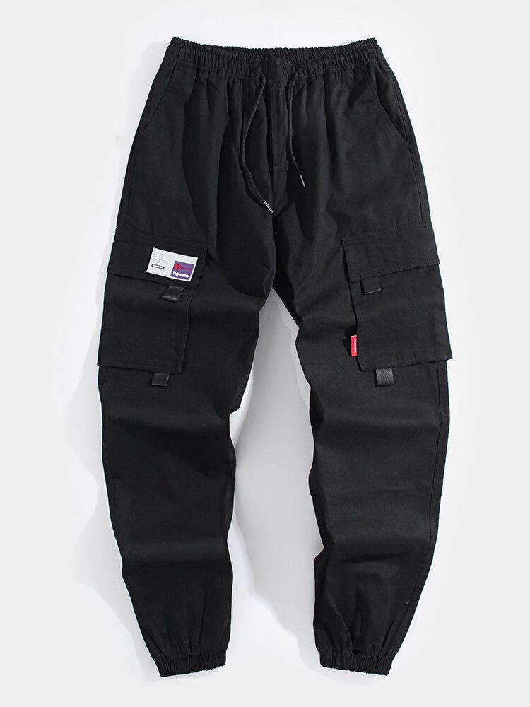 Pantalones Tipo Jogging Cargo Con Puños Y Cordón De Algodón Con Apliques De Color Sólido Para Hombre