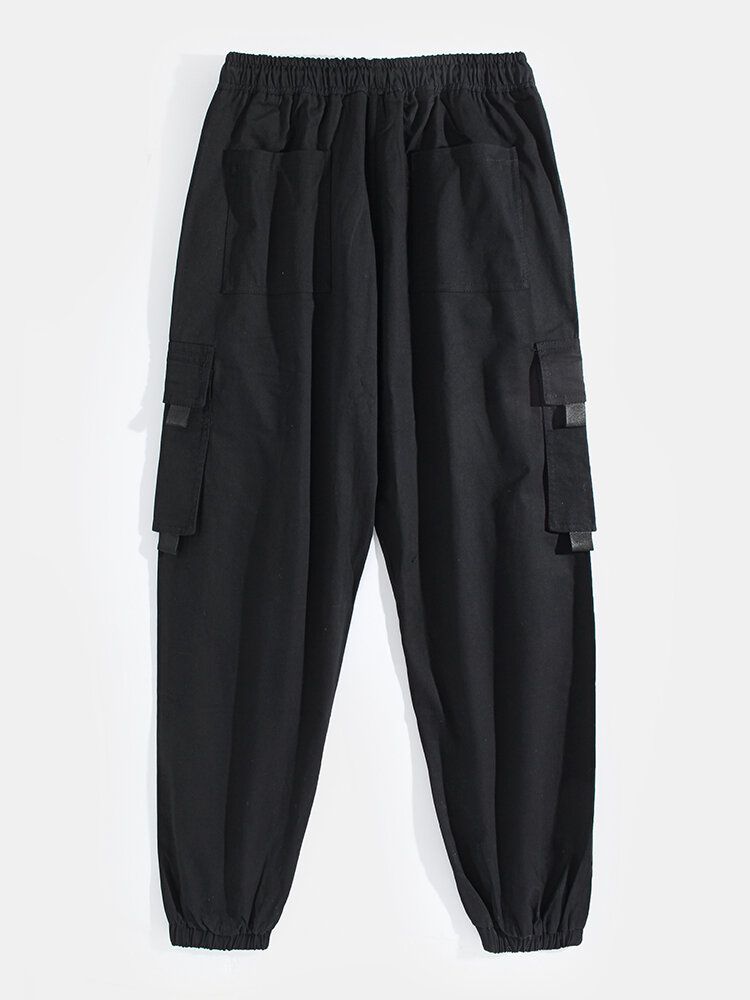 Pantalones Tipo Jogging Cargo Con Puños Y Cordón De Algodón Con Apliques De Color Sólido Para Hombre