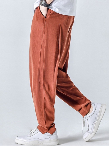 Pantalones Vintage Con Cordón De Bolsillo Transpirable 100% Algodón De Color Sólido Para Hombre
