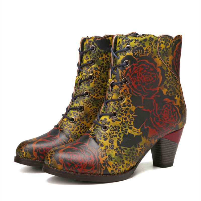 Botas Cortas De Tacón Grueso Con Cremallera Y Forro Cálido Con Estampado De Flores Vintage