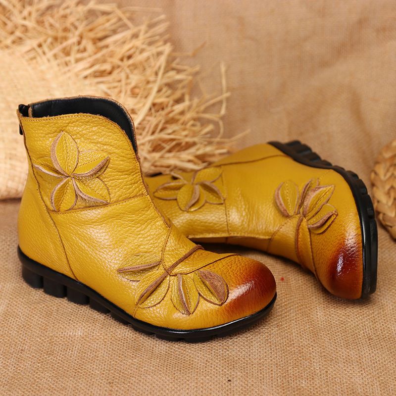 Botines Cortos Cómodos De Cuero Genuino Con Flores Hechas A Mano Para Mujer
