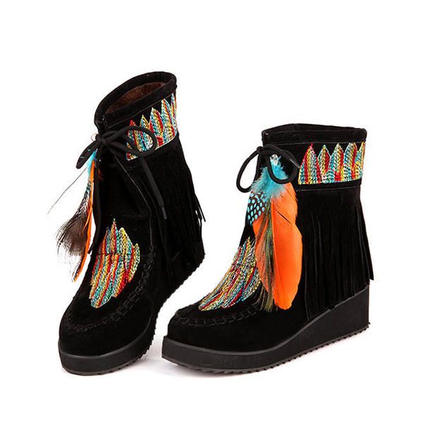 Botines De Cuña Con Borlas De Plumas Bordadas Con Forro De Piel Para Mujer