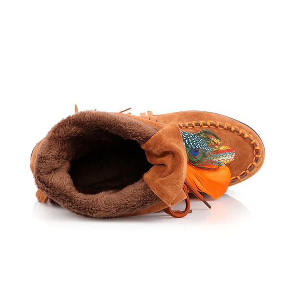 Botines De Cuña Con Borlas De Plumas Bordadas Con Forro De Piel Para Mujer