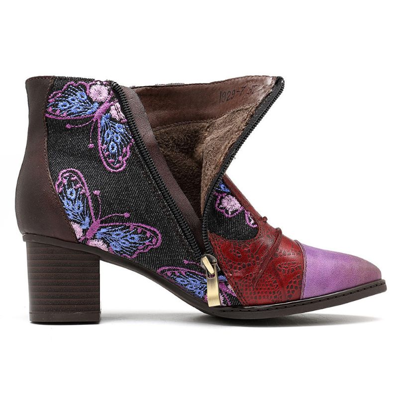 Botines De Mujer Con Cremallera De Cuero Genuino Con Patrón De Empalme Retro