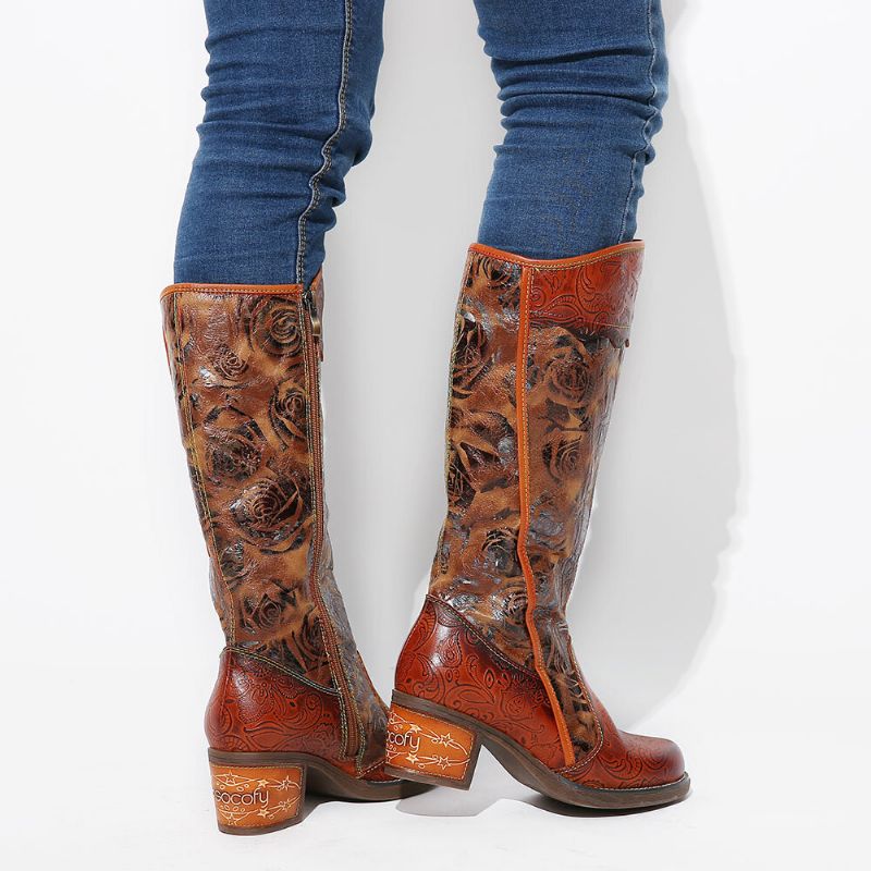 Patrón De Empalme De Cremallera Cremallera Lateral Floral Botas De Tacón Cuadrado Exterior