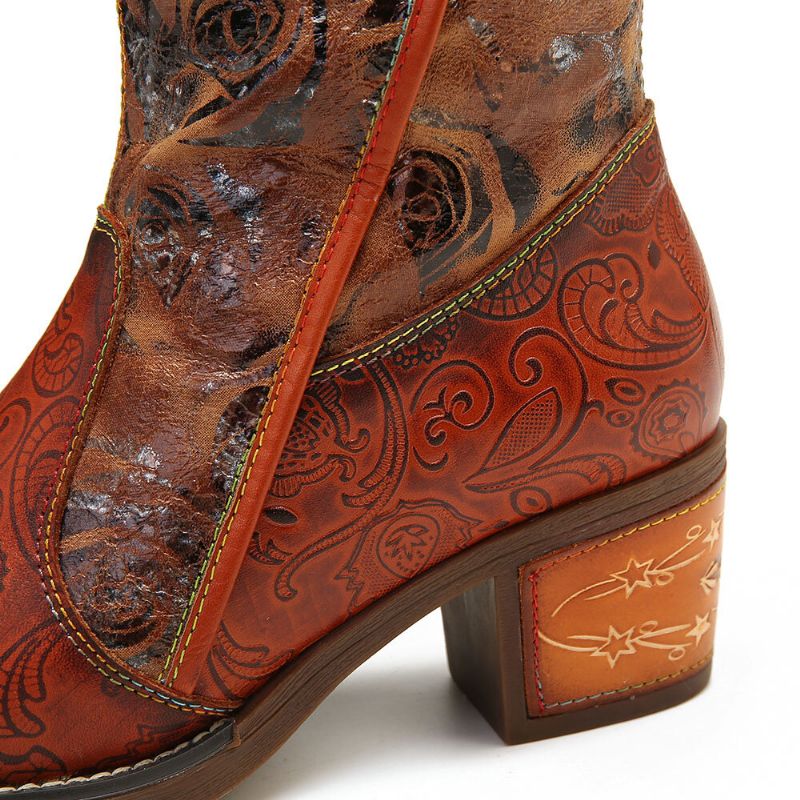 Patrón De Empalme De Cremallera Cremallera Lateral Floral Botas De Tacón Cuadrado Exterior