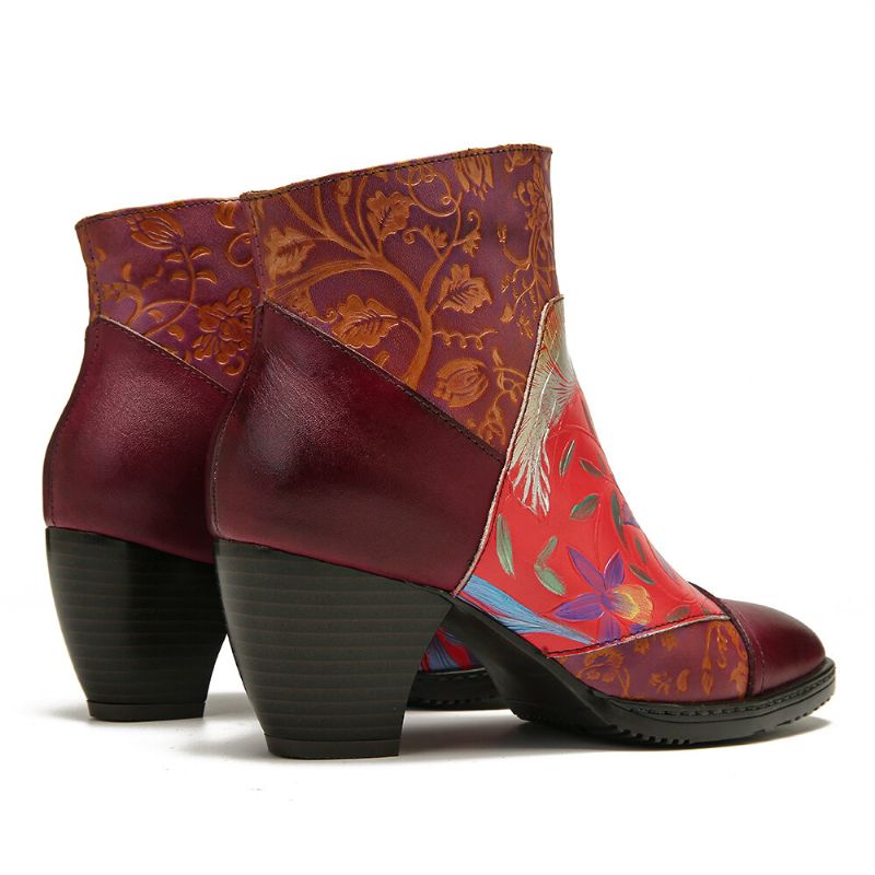 Patrón De Flores Estampadas De Colores Retro Costuras En Relieve Cómodas Botas De Tacón Alto Con Cremallera