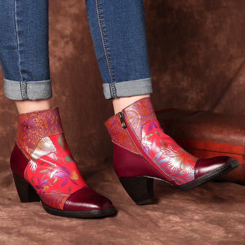 Patrón De Flores Estampadas De Colores Retro Costuras En Relieve Cómodas Botas De Tacón Alto Con Cremallera