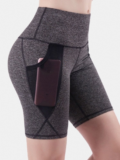 Pantalones Cortos De Motociclista De Cintura Alta Deportivos De Color Sólido De Secado Rápido Para Mujer Con Bolsillos De Malla