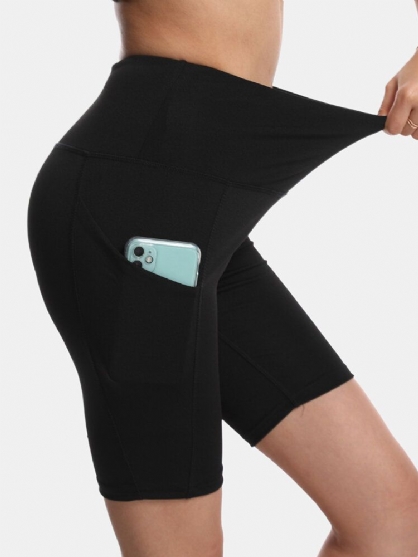 Sport Mujer Pantalones Cortos De Motociclista De Yoga De Cintura Alta Elásticos De Color Sólido Con Bolsillo
