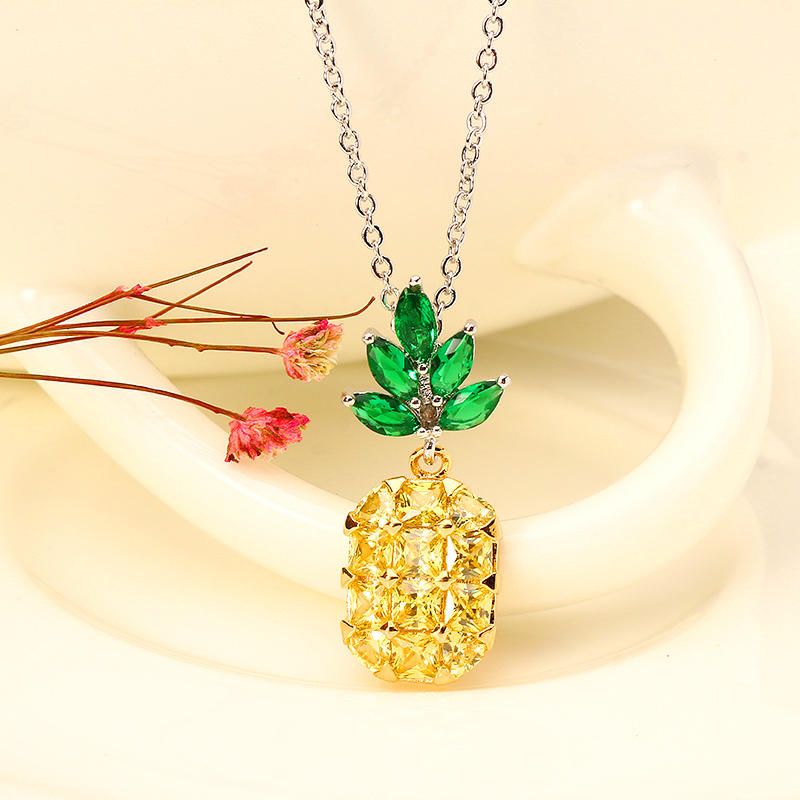 Moda Brillante Amarillo Y Rosa Circón Piña Colgante Lindo Collar Joyería Para Mujeres