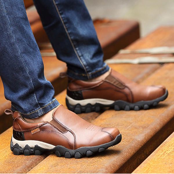 Zapatillas De Deporte Sin Cordones Con Banda Elástica De Suela Exterior Resistente Al Desgaste De Cuero Genuino Para Hombre