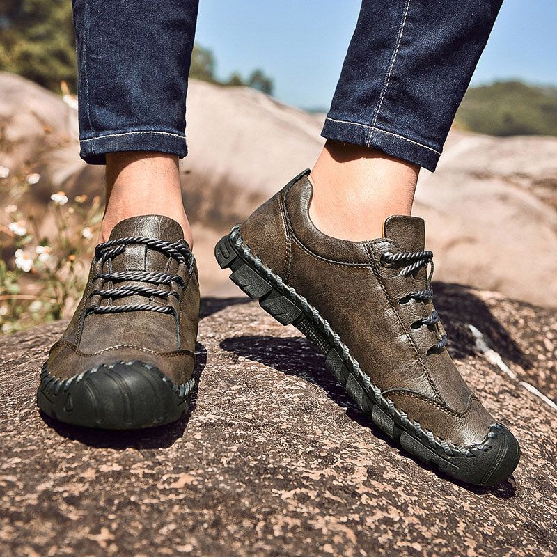 Zapatos Casuales De Senderismo Suaves Antideslizantes De Cuero De Piel De Vaca Cosidos A Mano Al Aire Libre Para Hombres