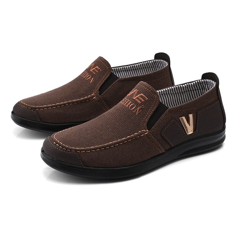 Zapatos Para Caminar Casuales Transpirables Cómodos De Tela Bordada Con Letras De Decoración De Metal Para Hombres