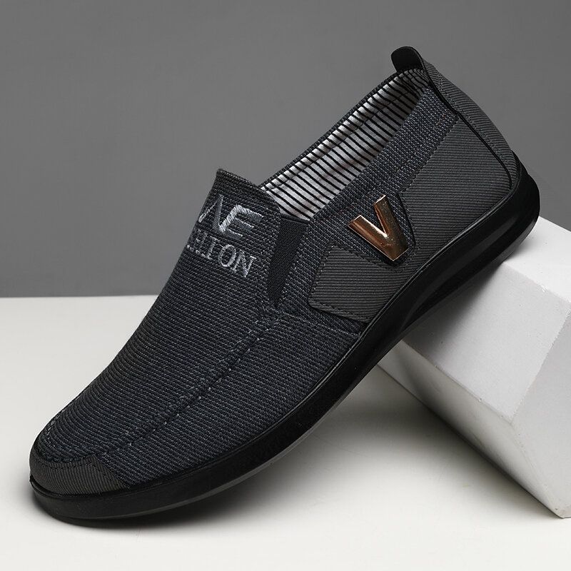 Zapatos Para Caminar Casuales Transpirables Cómodos De Tela Bordada Con Letras De Decoración De Metal Para Hombres