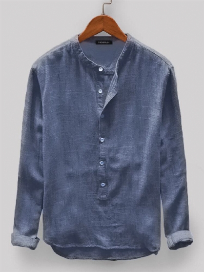 Botones Sueltos Cómodos De Color Sólido Vintage Para Hombre Camisas Henley Casuales De Manga Larga Con Mosca